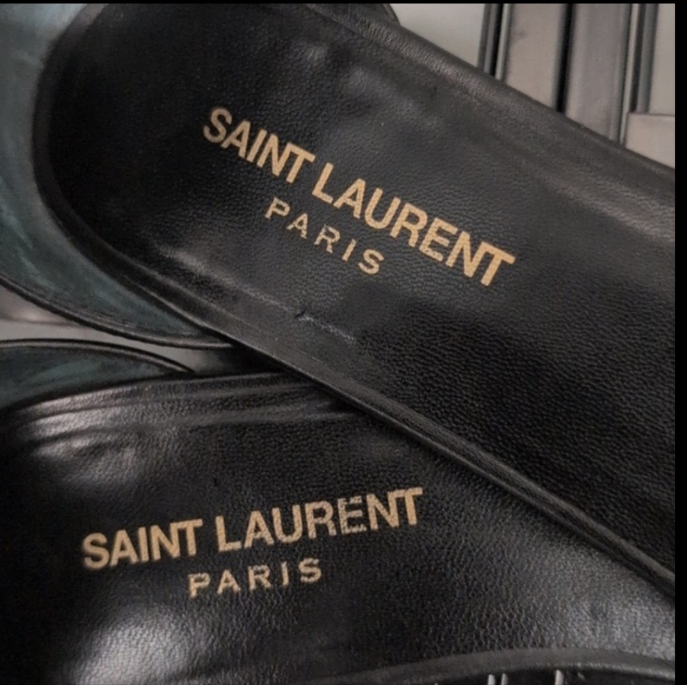 Saint Laurent Paris Leather Studded Ankle Strap Flats - Picture 2 of 8